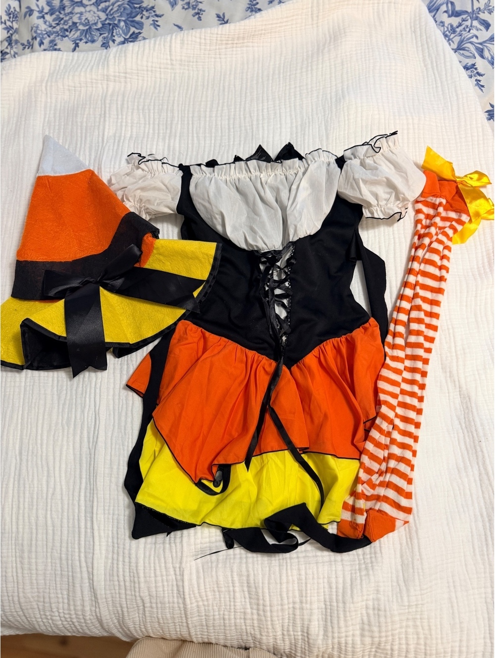 Candy Corn Halloween Costume with Hat and Striped Stockings